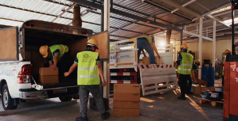 Warehouse workers in high-visibility vests and hard hats unload boxes from a truck into a covered warehouse.