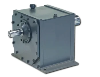 Industrial gearbox/gear reducer with left input shaft protruding, rectangular gray housing, mounted on a base plate