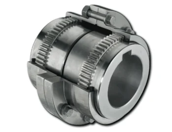 Metal gear coupling with two toothed hubs and bolts, used to connect rotating shafts in machinery