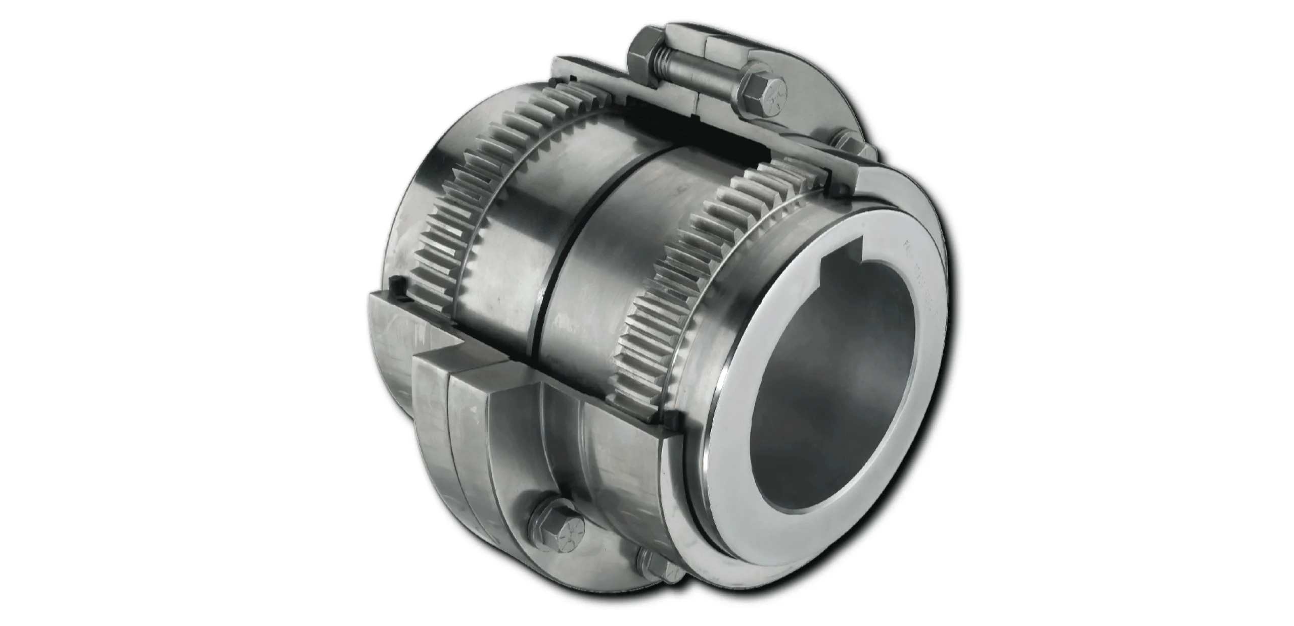 Metal gear coupling with two toothed hubs and bolts, used to connect rotating shafts in machinery