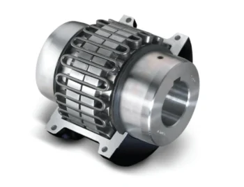 Metal turbine rotor with protective cage and mounting flanges, shown at an angle to emphasize the circular housing and tabs.