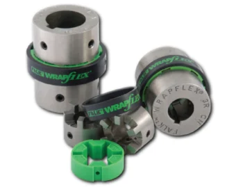 Metal cylindrical clamps with green WrapFlex branding and green plastic connectors laid out on a white background
