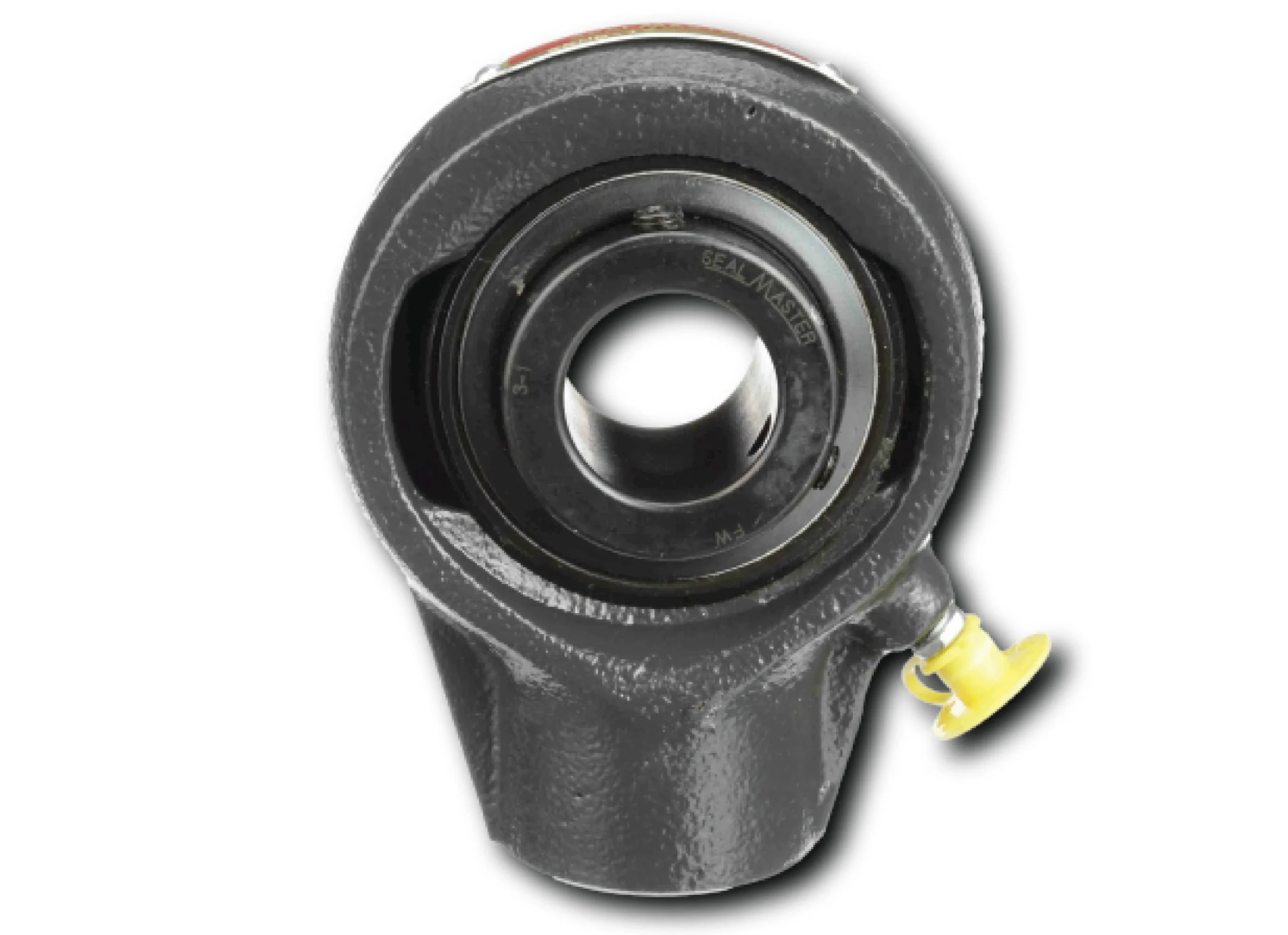 Close-up of a black metal bearing joint with an inner race and a small yellow pin/clip.
