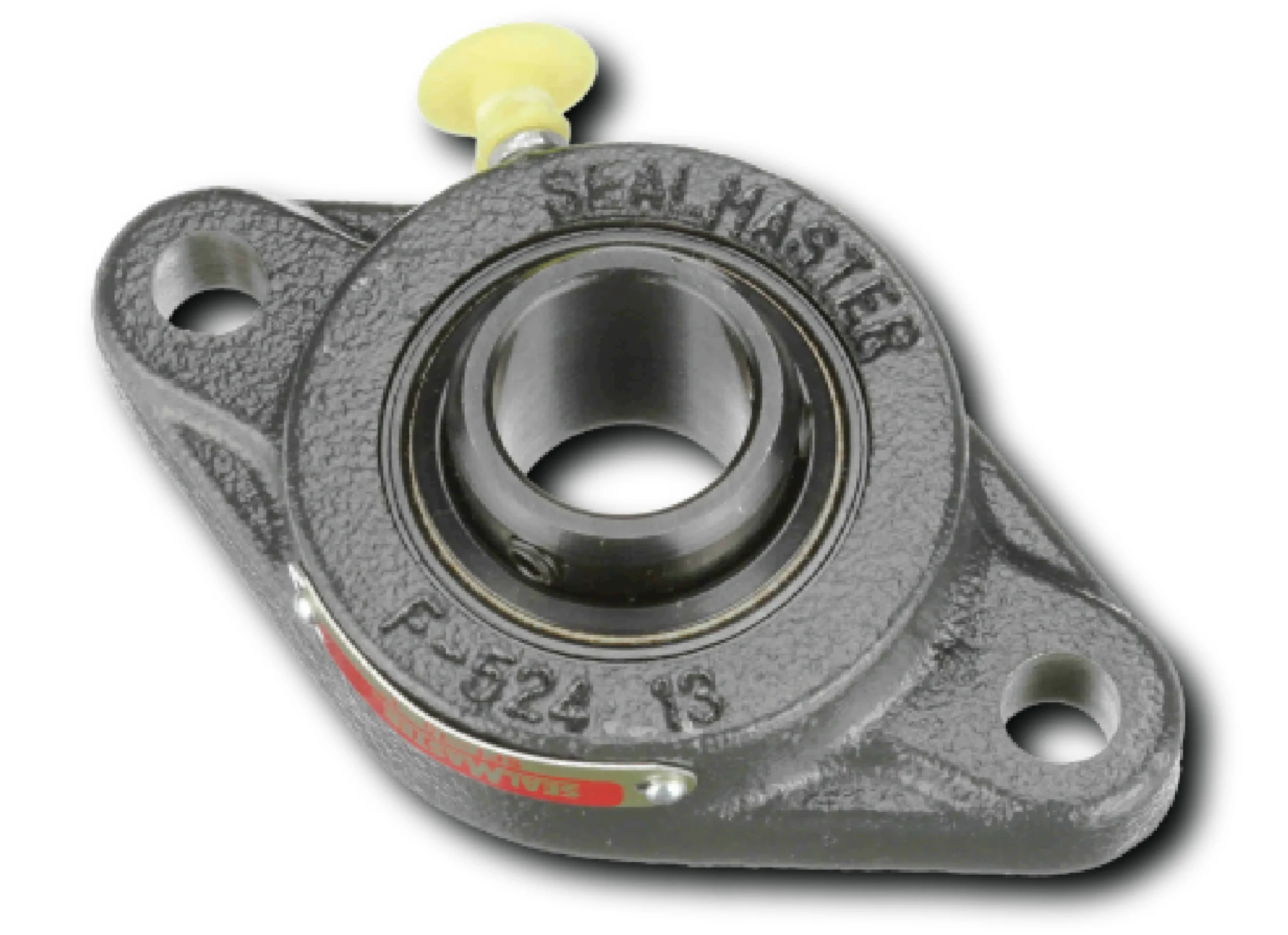 Close-up of a gray bearing housing with a yellow knob on top.
