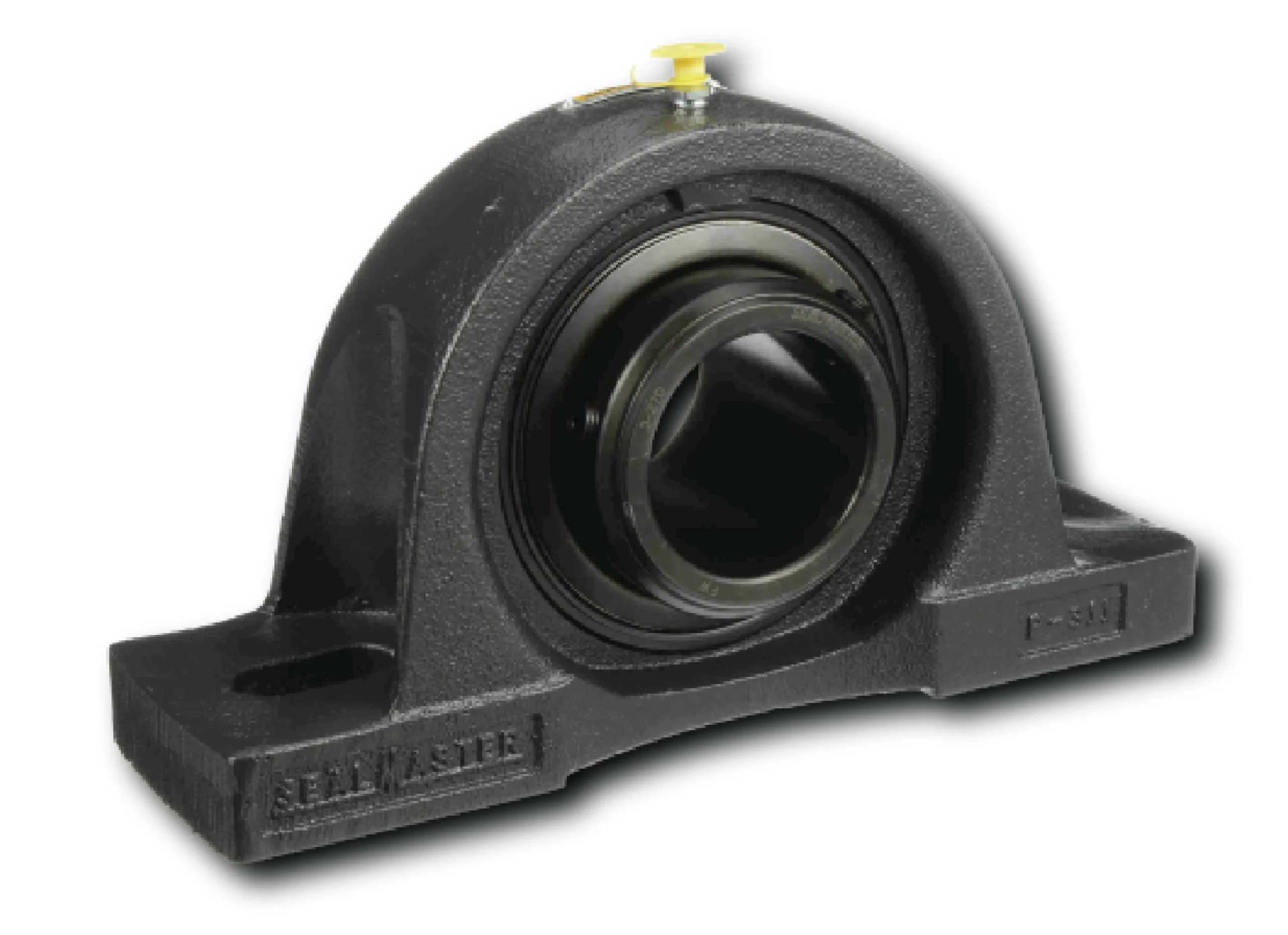 Close-up of a black camera lens mount with a small yellow adjustment knob on top.