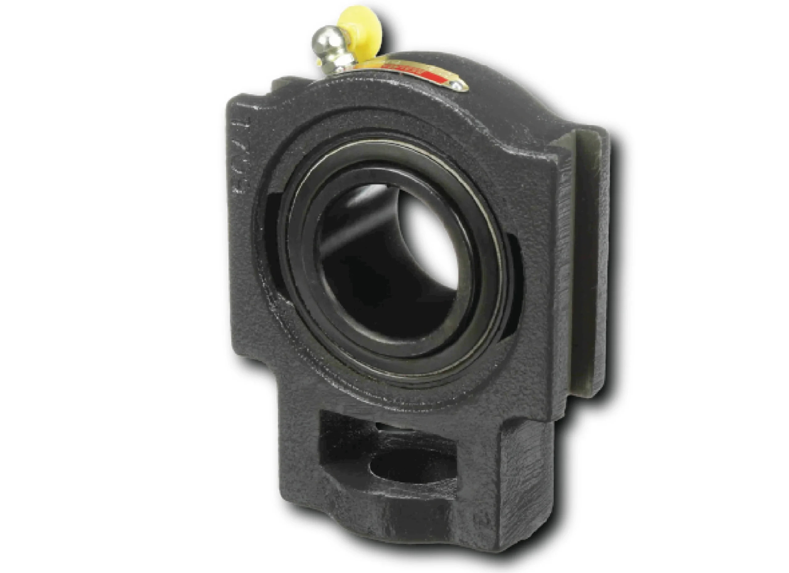 Pillow block bearing housing with visible inner bore and small yellow cap on top for lubrication.