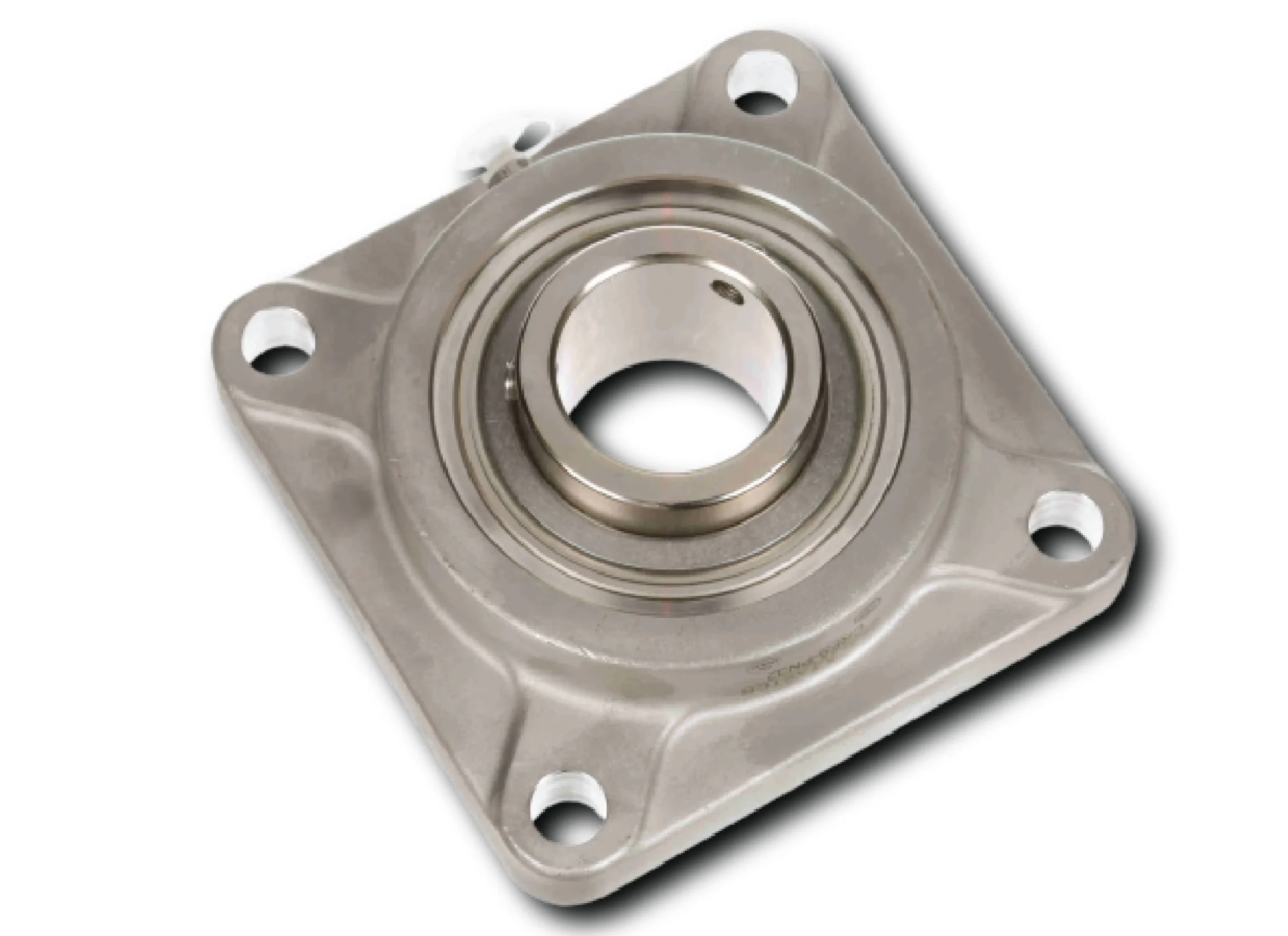 Flange-mounted bearing housing with four bolt holes and central bore for shaft support