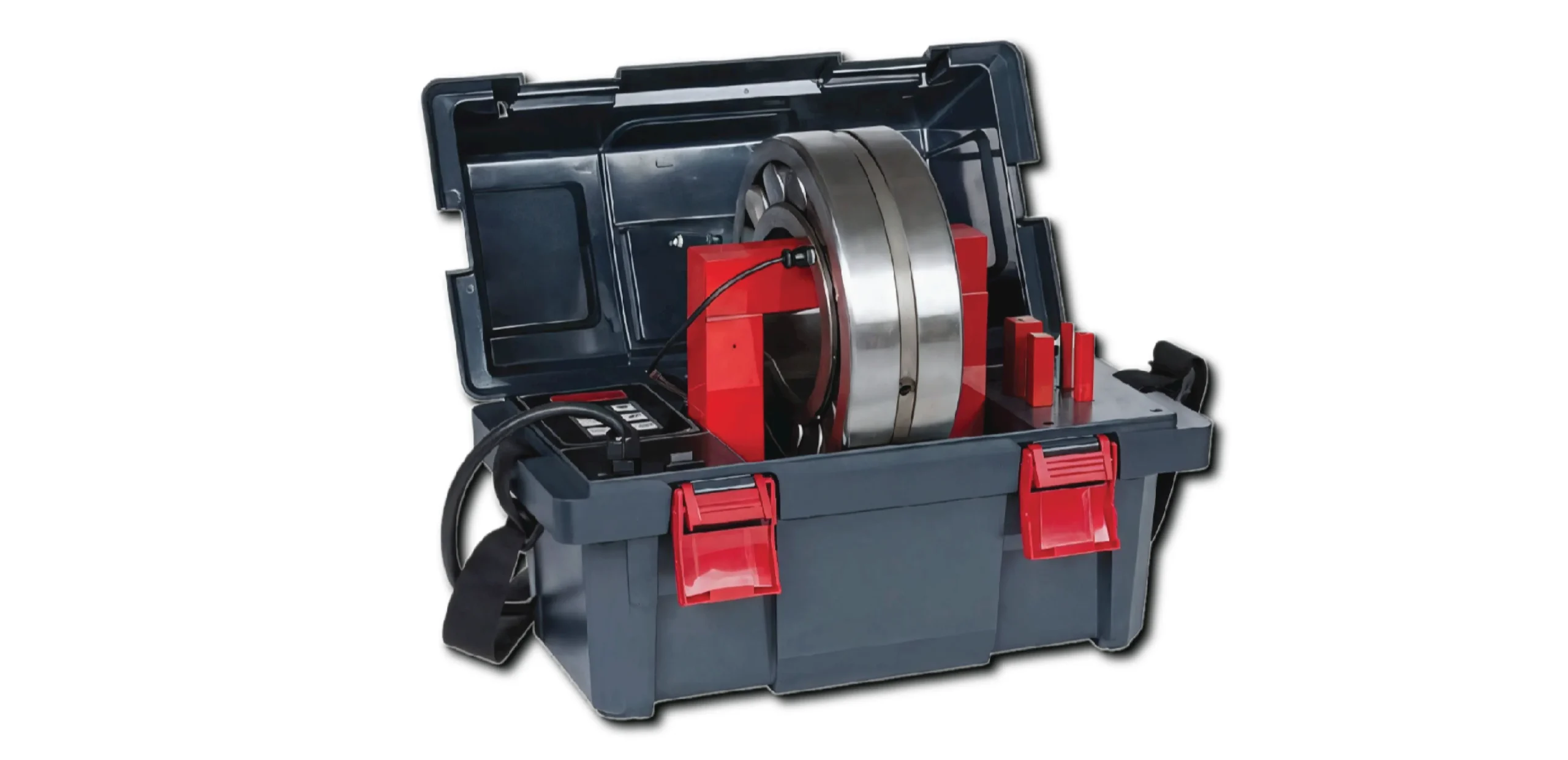 Open tool case revealing a red mounting stand and a large silver ring secured to it, with a cord nearby.
