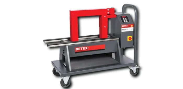 Portable hydraulic press brake for sheet metal on wheels, red upper beam and gray base with control panel (Betex)