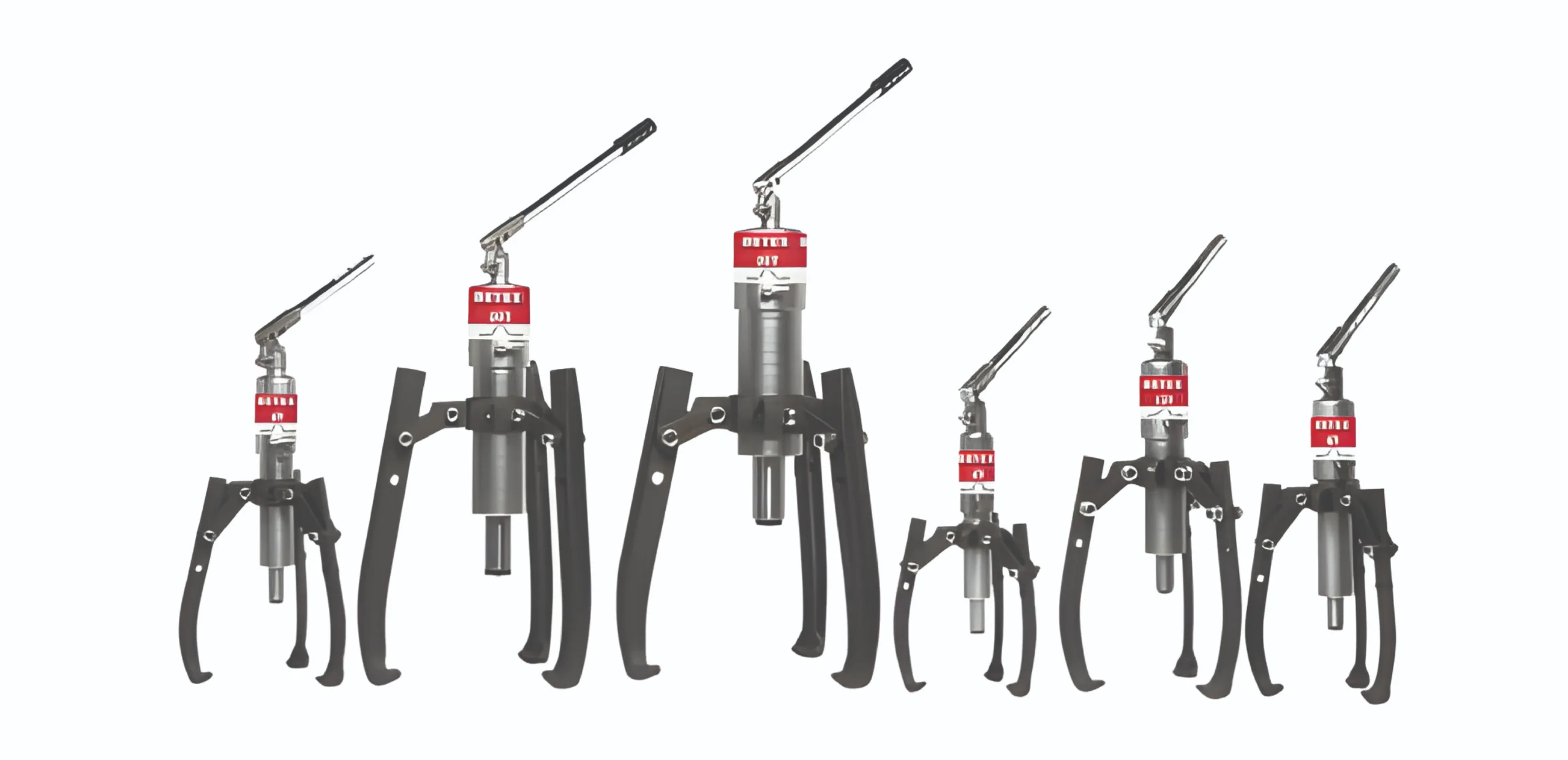 Row of surgical locking clamps on metal stands against a white background.