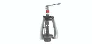 Compact hydraulic press head mounted on a tripod stand, featuring a red label on the central column for safety or identification