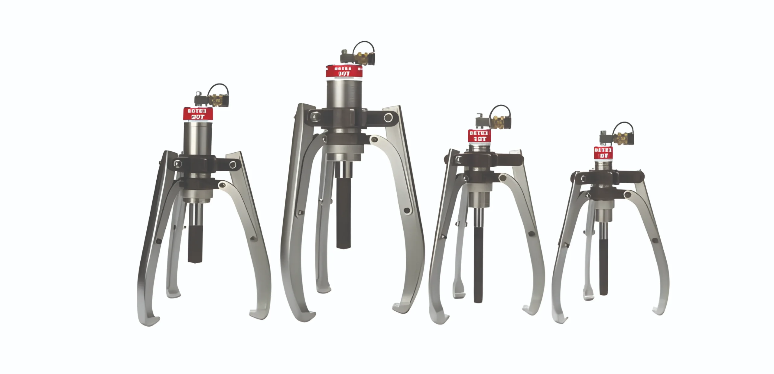 Five industrial robotic grippers arranged in a row, showcasing metallic claws and red-label actuators against a white background, illustrating a tooling lineup.