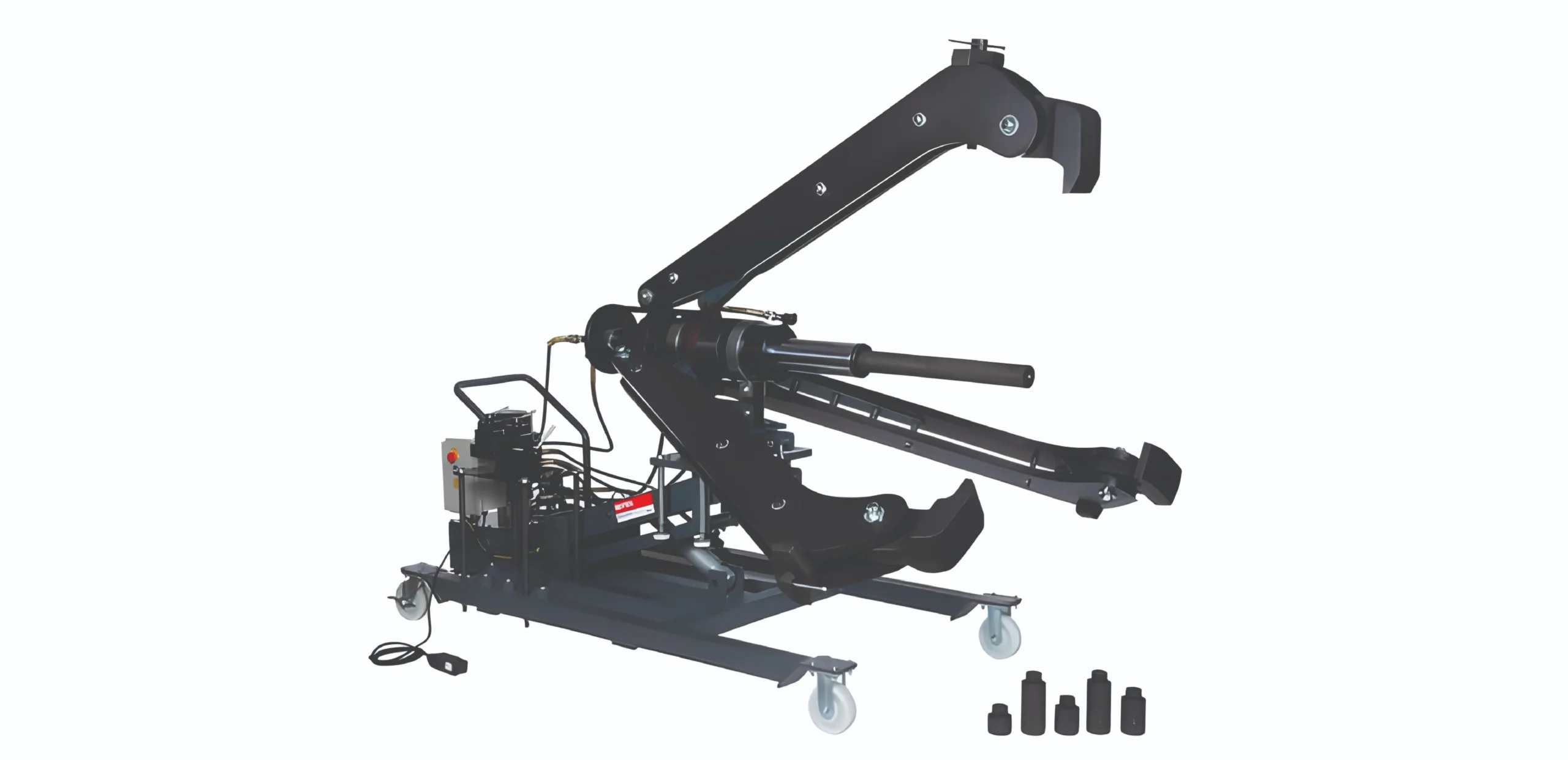 Mobile hydraulic articulating crane arm mounted on a wheeled base, shown in side view with control station nearby.