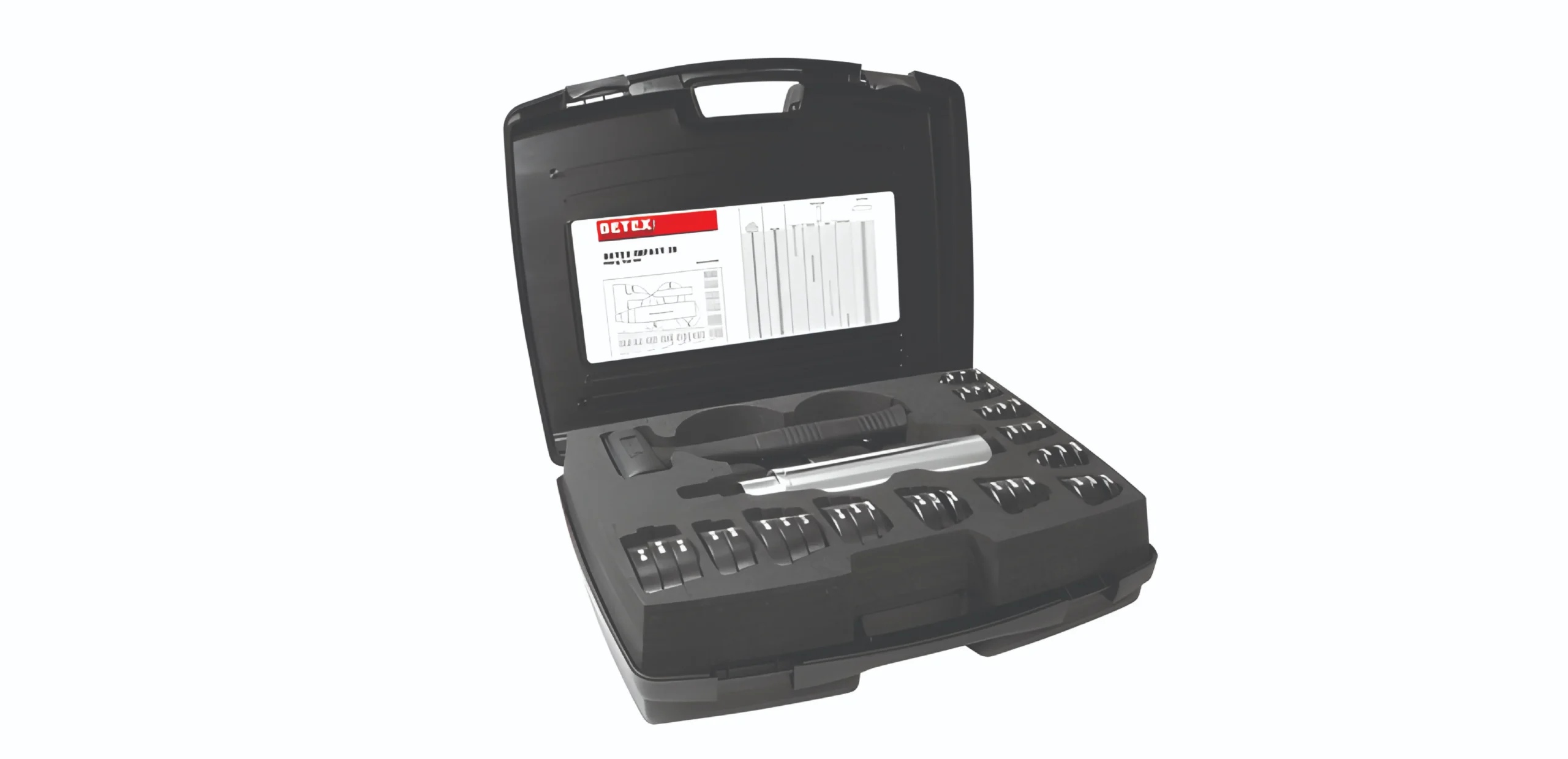Portable black screwdriver set in an open case with assorted bits and a ratchet inside
