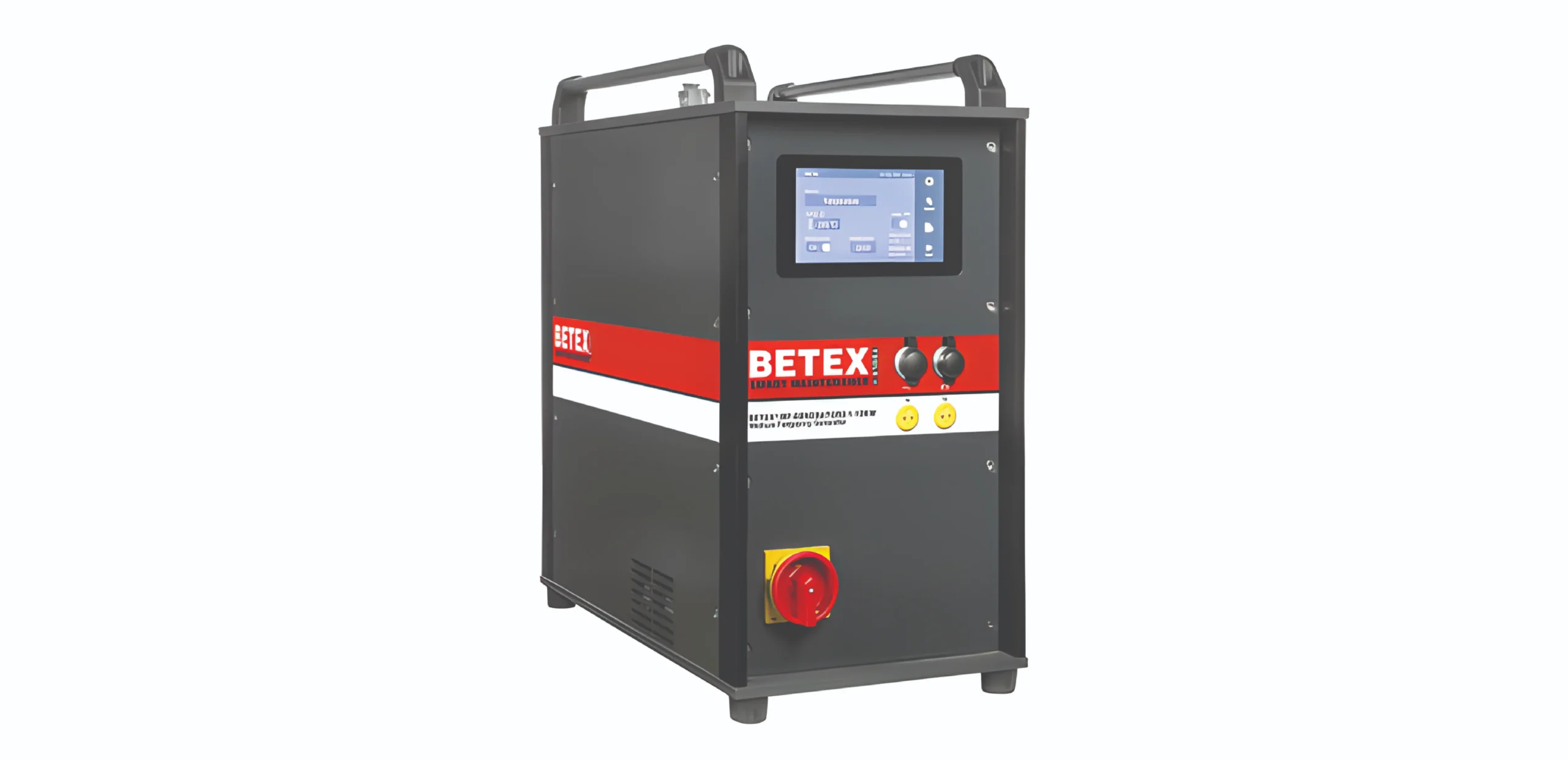 Industrial Betex control unit with a touchscreen panel and red branding stripe, standing on a grey frame.