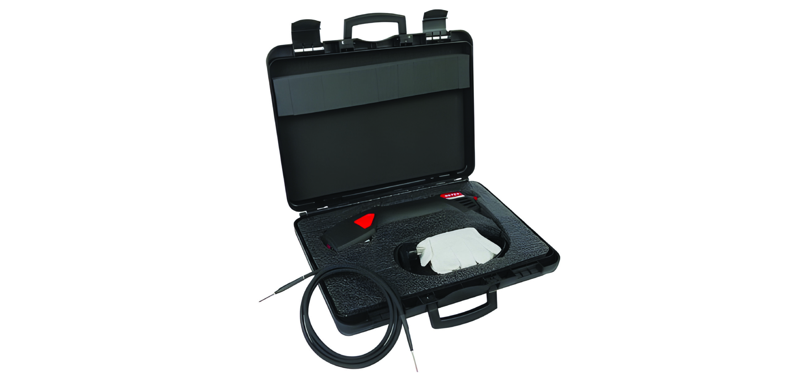 Open hard case containing a handheld electrical stimulation device, cables, and protective gloves in foam padding inlay.
