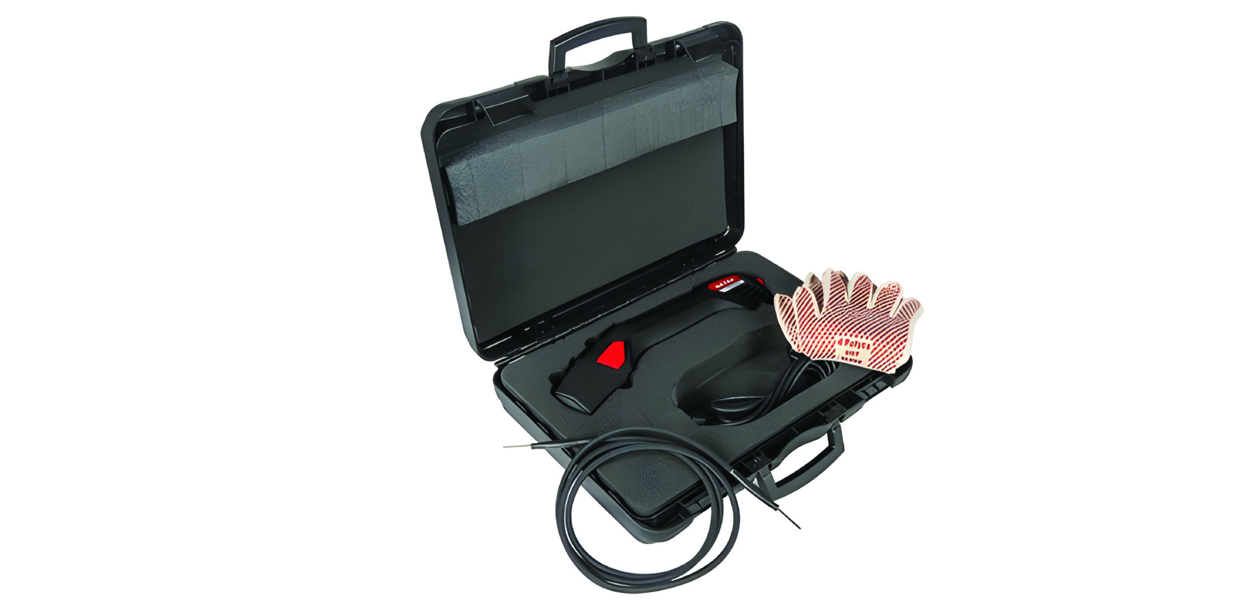 Hard case opens to reveal a portable electrical testing kit: red tool, probes, and a pair of striped gloves inside the foam tray