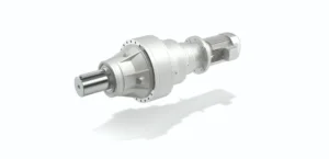 Bonfiglioli 300 Series Industrial Planetary Gearboxes - Bearings Specialist Industrial gearbox with attached electric motor mounted horizontally on a shaft, shown in metallic silver finish