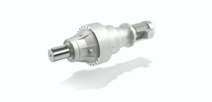 Industrial gearbox with attached electric motor mounted horizontally on a shaft, shown in metallic silver finish