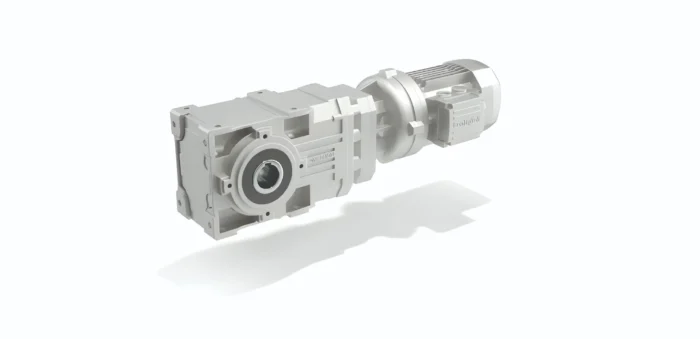 Industrial gear reducer with an attached electric motor for power transmission in machinery.