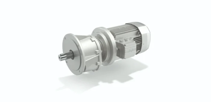 Industrial electric motor with integrated gearbox and cooling fins, mounted on a shaft extension.