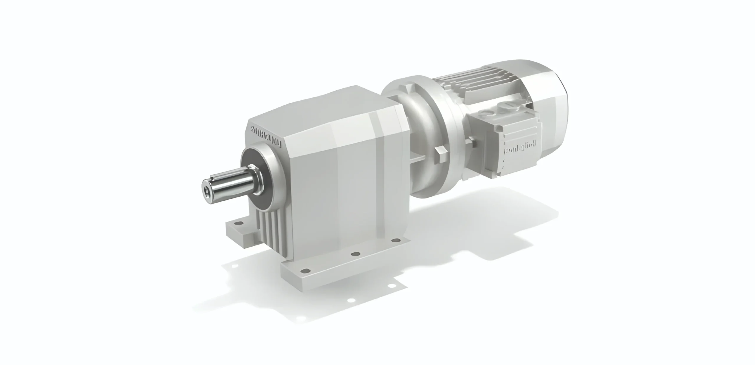 Industrial white gear motor with mounting base and drive shaft visible from a side angle