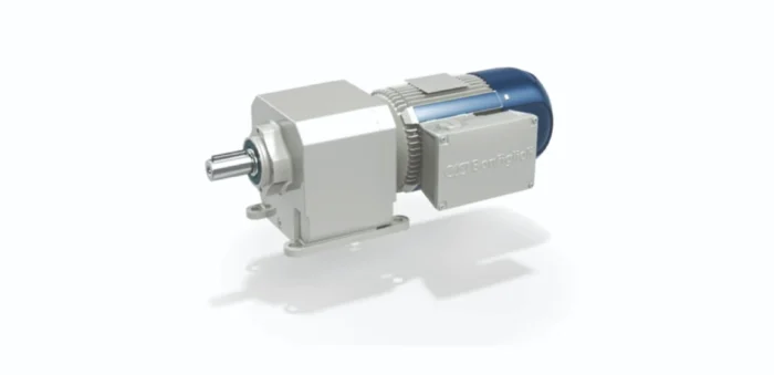 Industrial gear motor: white gearbox attached to a blue electric motor, mounted on a base plate