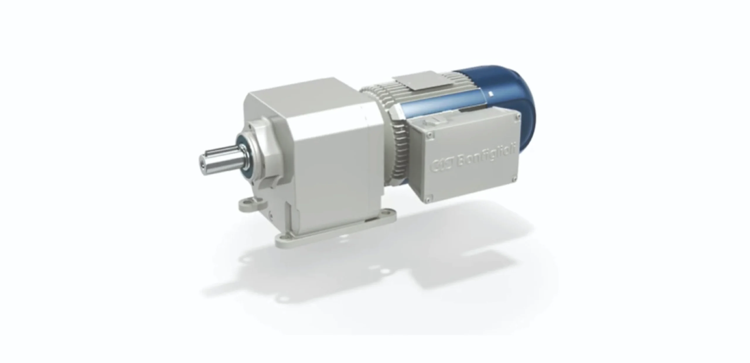 Industrial gear motor: white gearbox attached to a blue electric motor, mounted on a base plate