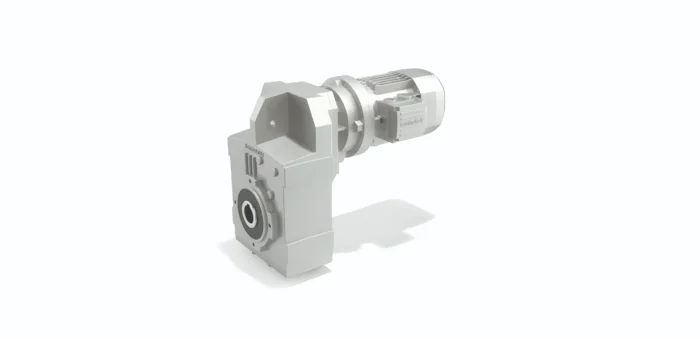 3D-rendered model of a gearbox and attached electric motor on a mounting bracket