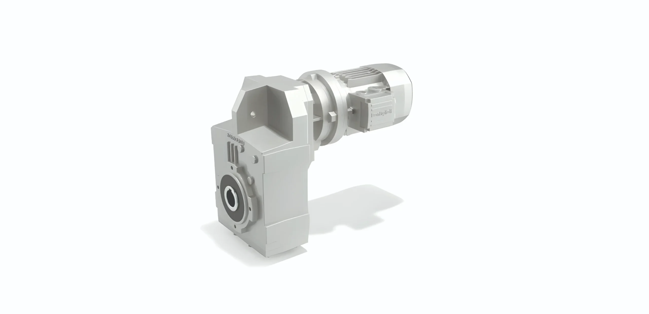 3D-rendered model of a gearbox and attached electric motor on a mounting bracket