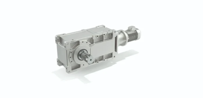 Industrial gearbox with an integrated electric motor mounted horizontally on a white background.https://example.com/placeholder1