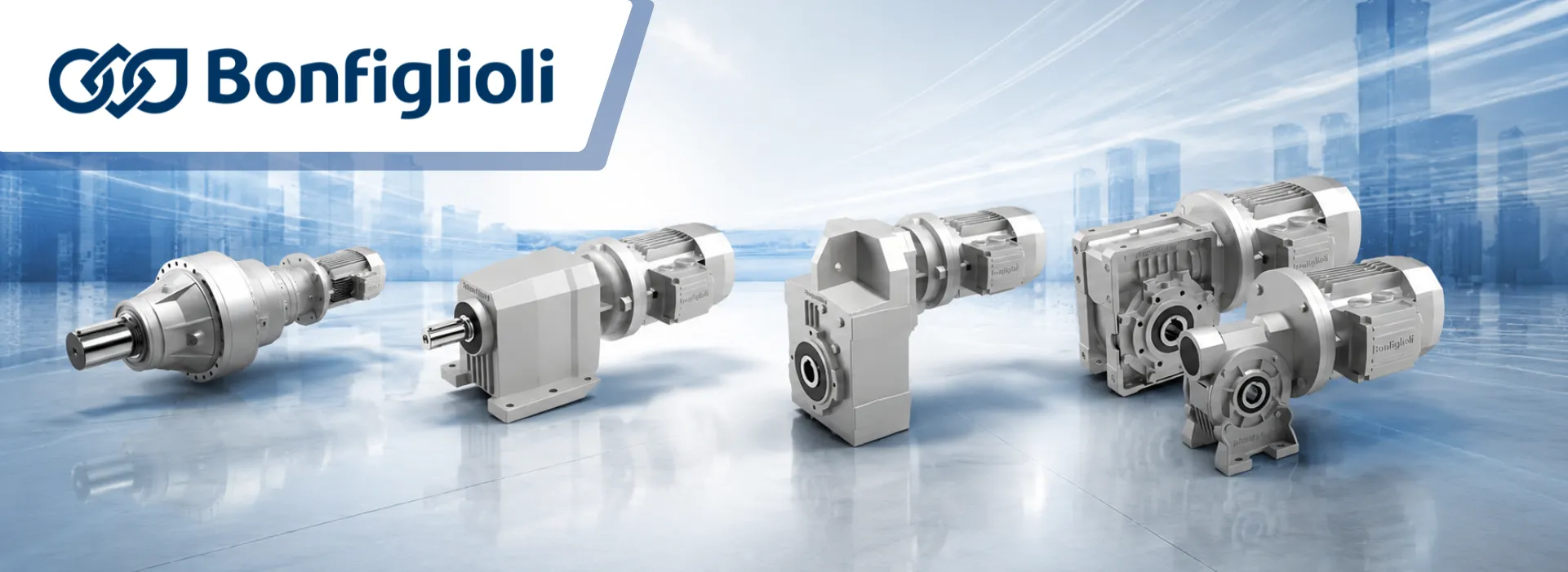 Bonfiglioli logo with a row of silver industrial gear motors on a blue reflective floor and futuristic backdrop.