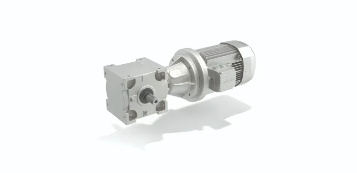 Geared motor assembly: an electric motor connected to a gearbox, shown in light gray on a white background.