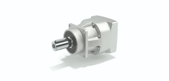 Geared motor assembly with a flanged mount and protruding output shaft on the left side of the image