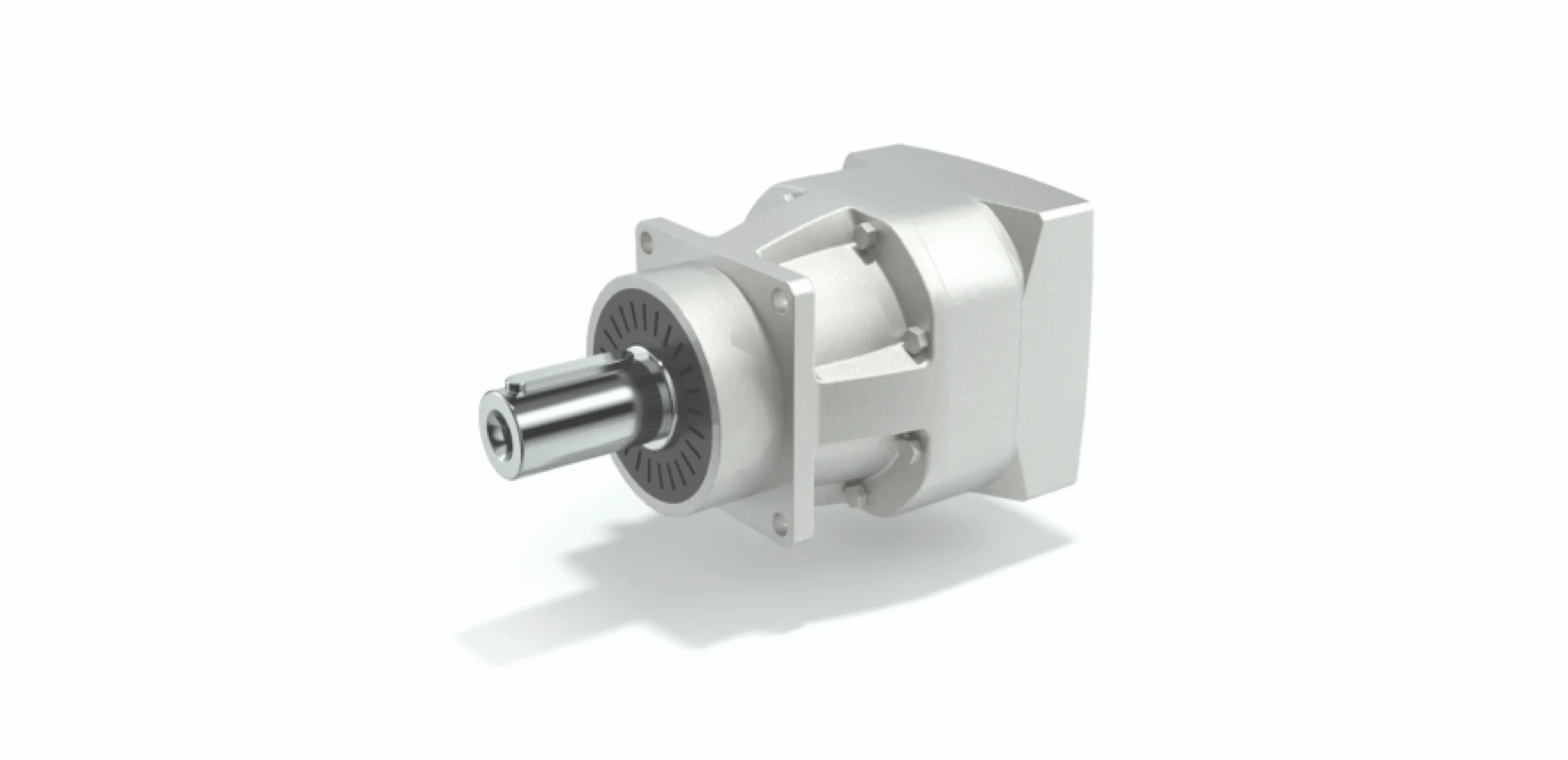 Geared motor assembly with a flanged mount and protruding output shaft on the left side of the image