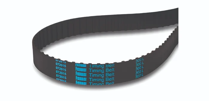 Black automotive timing belt with evenly spaced teeth and blue 'Timing Belt' text along its length (close-up)