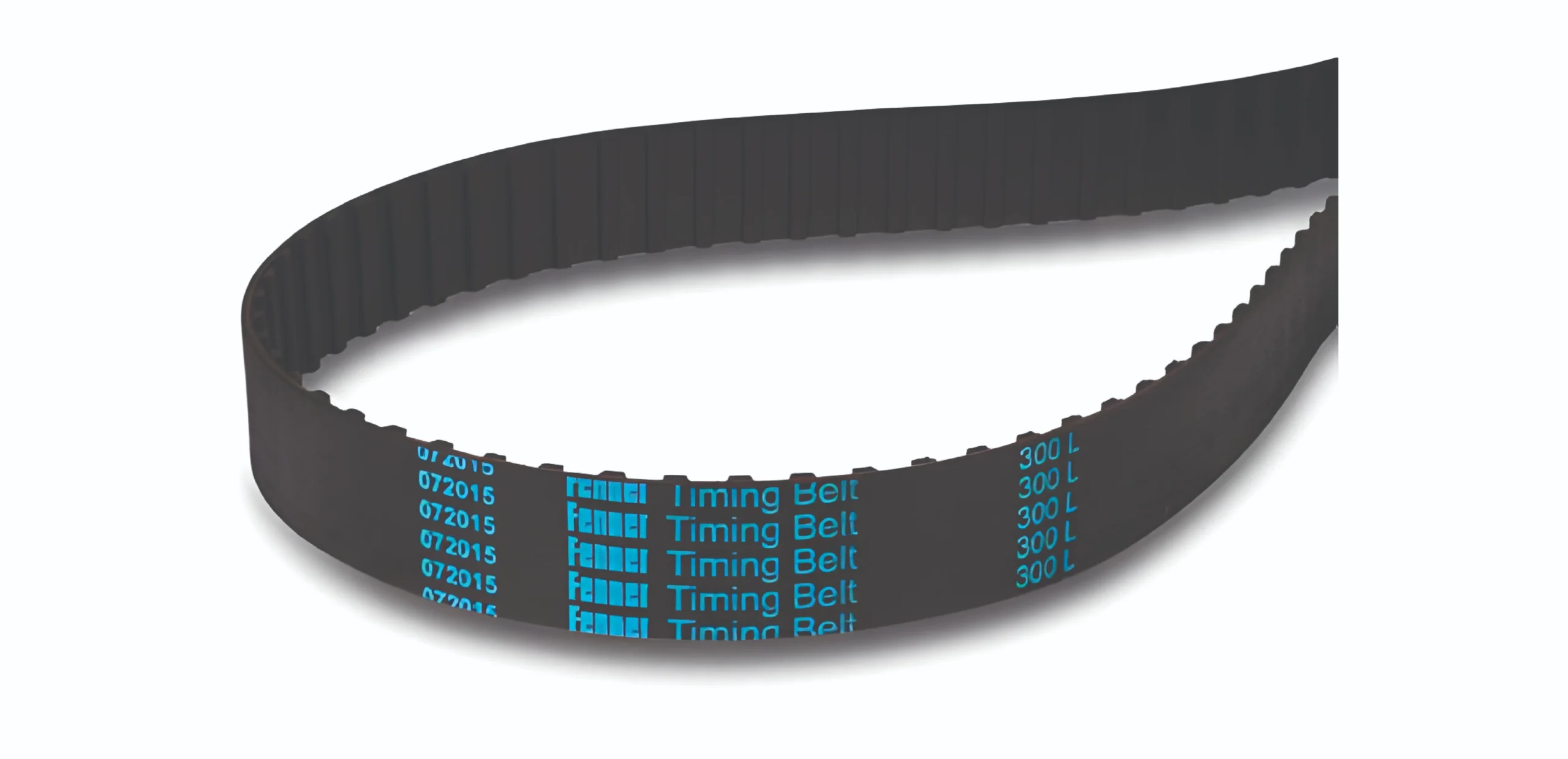 Black automotive timing belt with evenly spaced teeth and blue 'Timing Belt' text along its length (close-up)