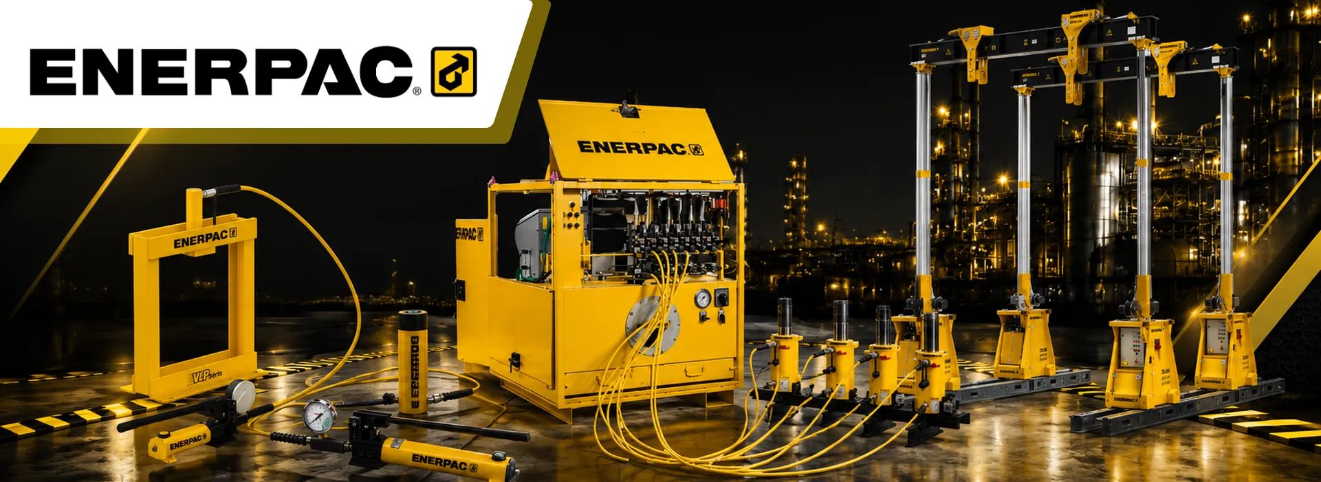 Enerpac hydraulic lifting equipment setup in a dark industrial site, yellow machines connected by hoses for a promotional hero image
