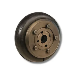 Industrial wheel with rubber tire and metal hub showing six bolts around a flanged center, viewed from the side.