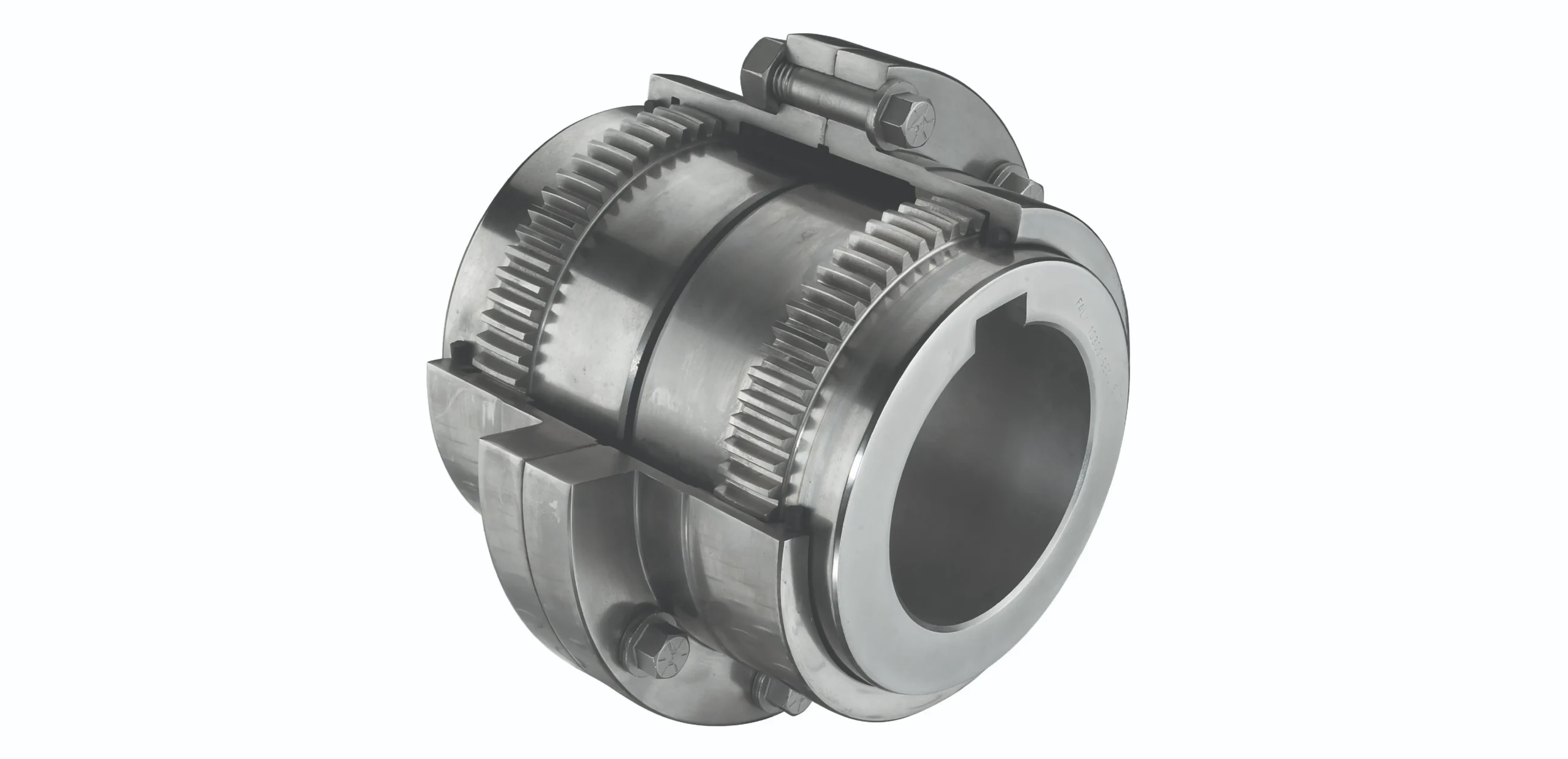 Industrial gear coupling with two toothed rings bolted together to connect shafts (mechanical drive component).