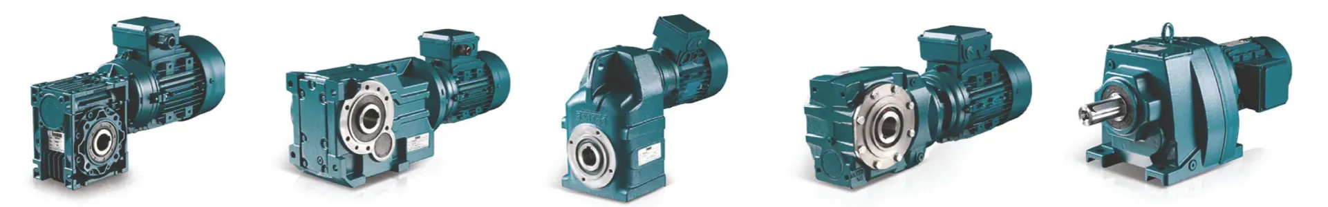 Five teal industrial gearboxes and motors displayed in a row on a white background.