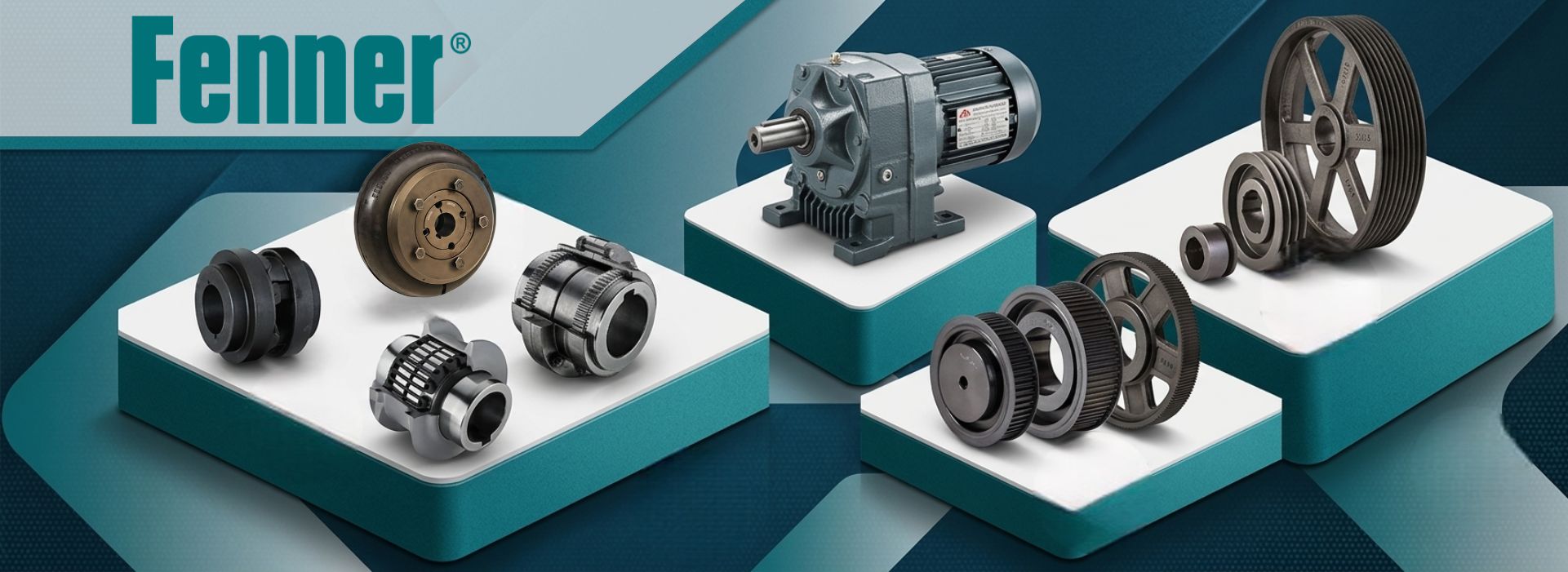 Fenner banner showing industrial drive components—motor, gears, and pulleys on teal display blocks.
