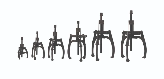 Row of black metal clamps with tall vertical posts lined up on a white background, increasing in height from left to right.