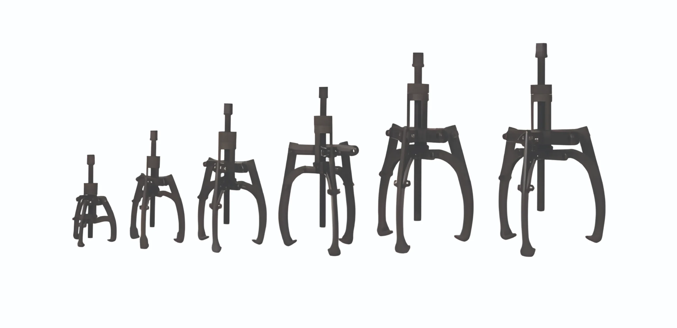 Row of black metal clamps with tall vertical posts lined up on a white background, increasing in height from left to right.