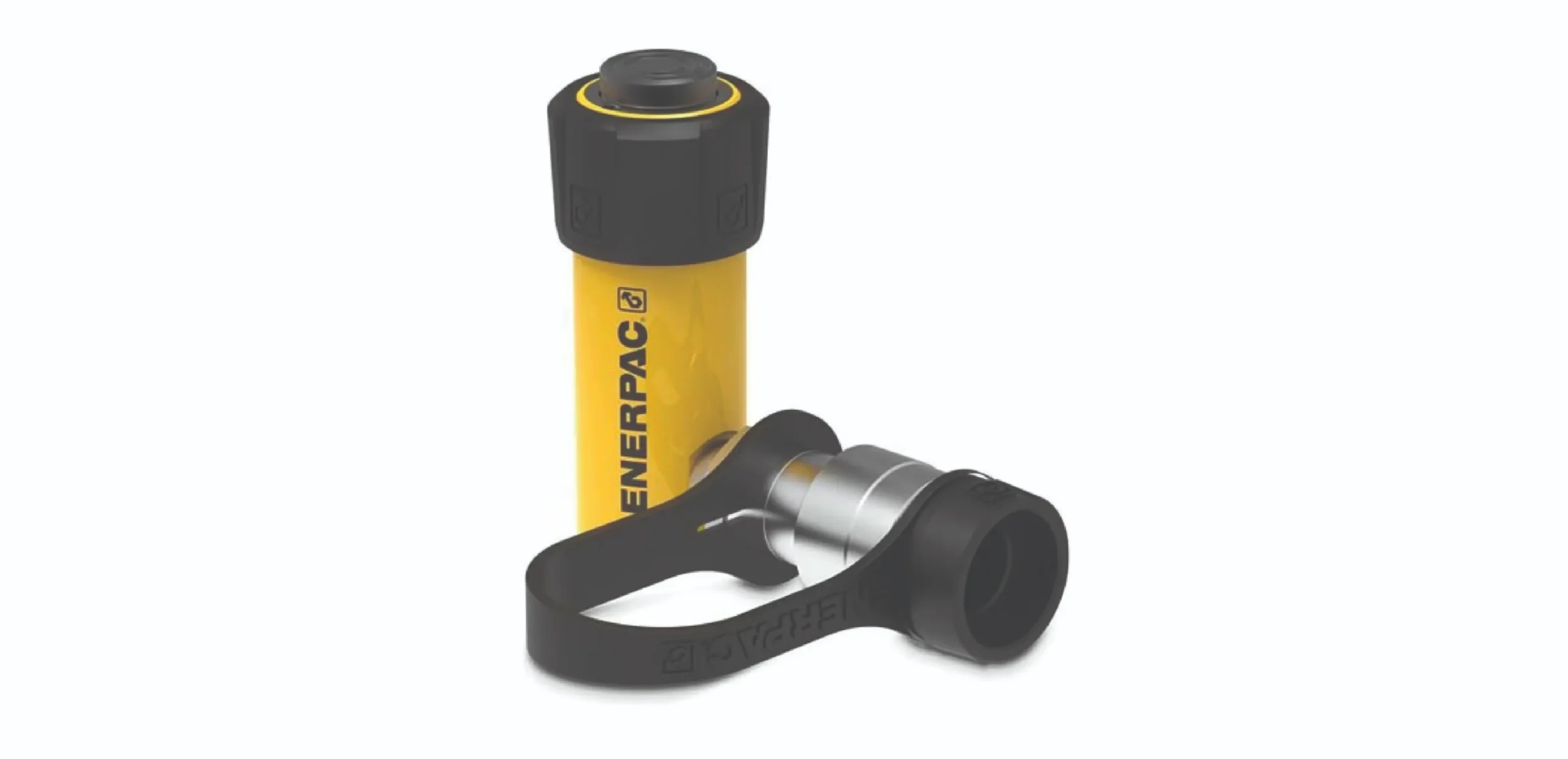 Yellow Enerpac hydraulic jack/cylinder with a black top cap and attached accessory, shown against a white background.