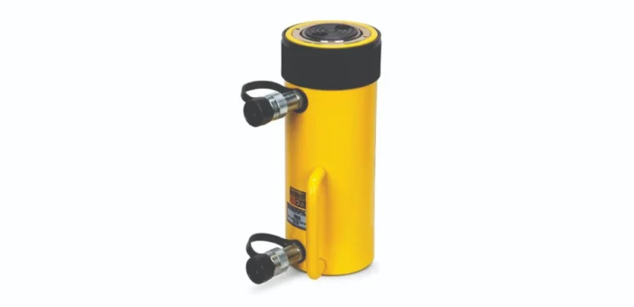 Yellow vertical hydraulic cylinder with black top and side port fittings attached to its body