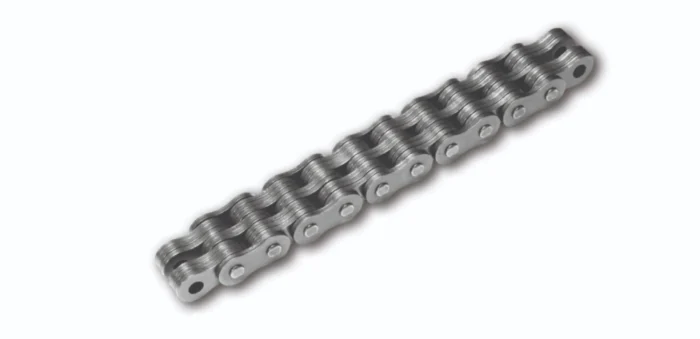 A length of gray metal roller chain with interlocking links, photographed at an angle against a white background.
