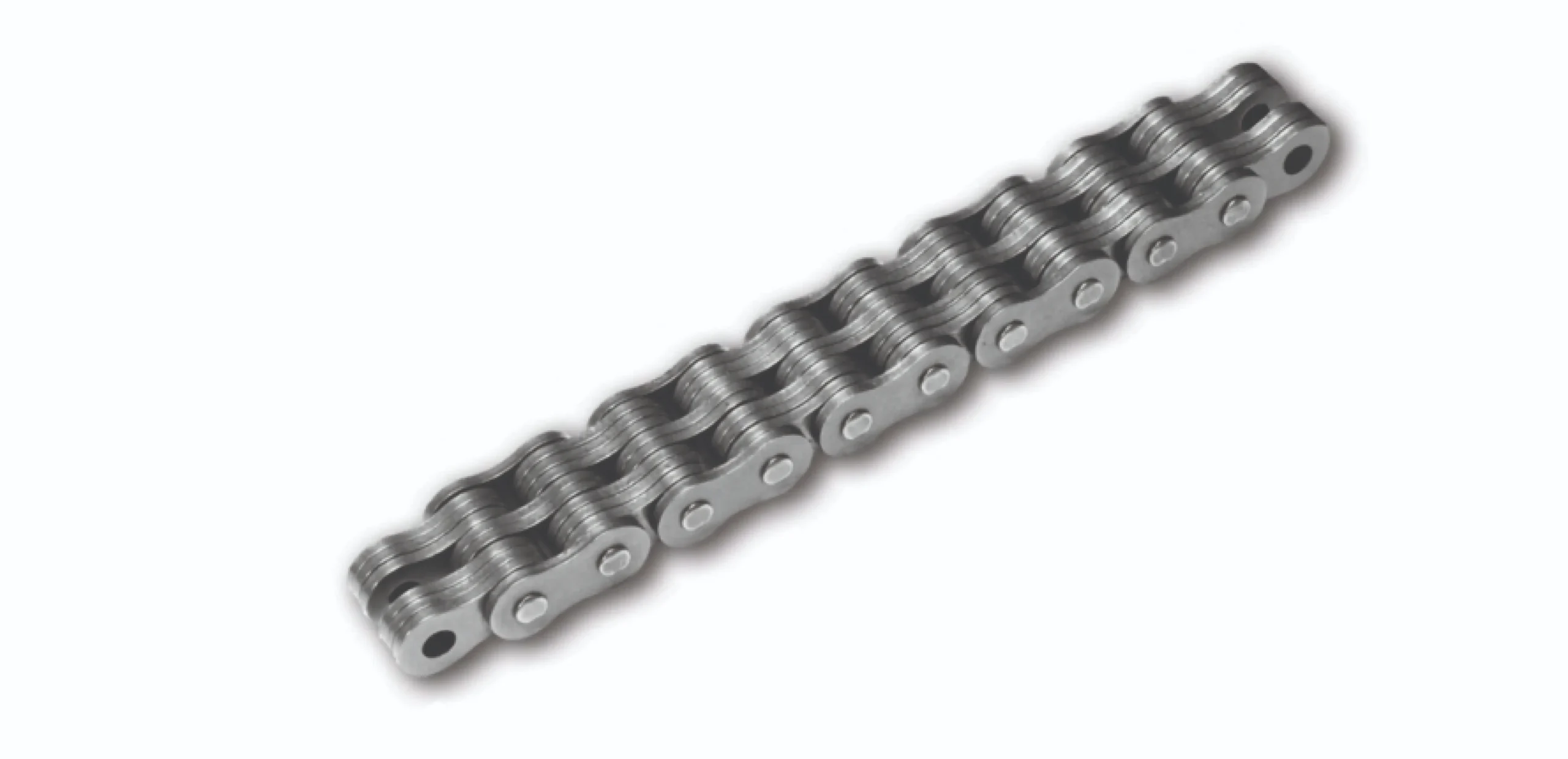 A length of gray metal roller chain with interlocking links, photographed at an angle against a white background.