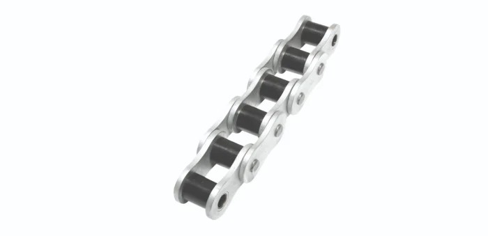 Metal roller chain segment with black rollers, angled diagonally across a light background