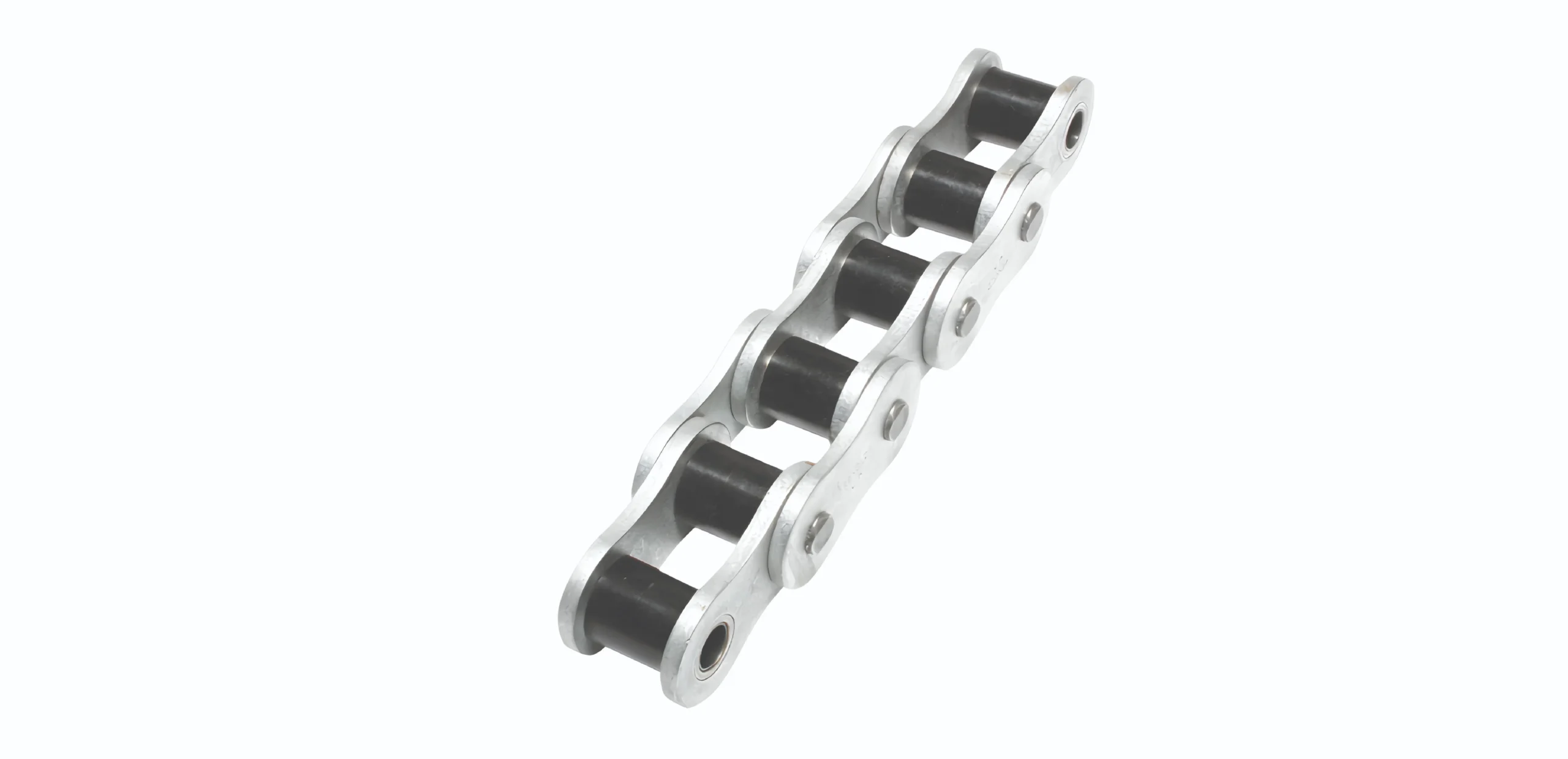 Metal roller chain segment with black rollers, angled diagonally across a light background